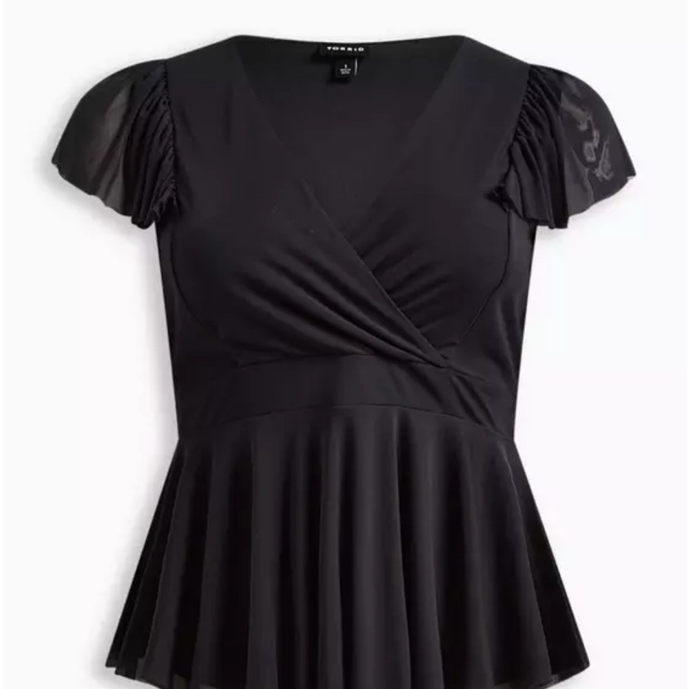 NWT Torrid Black Stretch Mesh Surplice Ruffle Sleeve Blouse